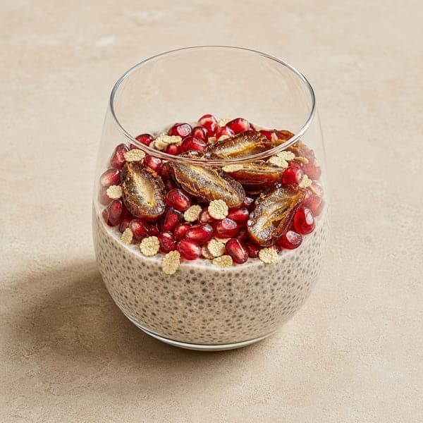 Pudding chia na mleku roślinnym z pestkami granatu
