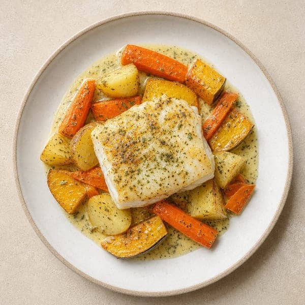 Pieczony filet z dorsza z marchewką i dynią w sosie ziołowym