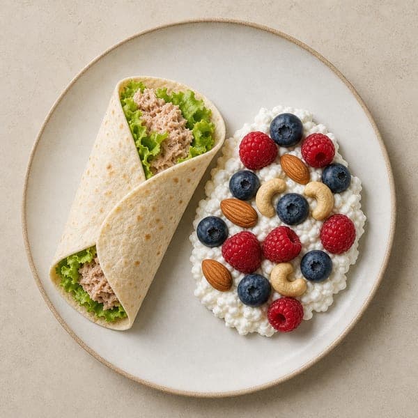 Tortilla z tuńczykiem i twarożek z owocami i orzechami w pudełku