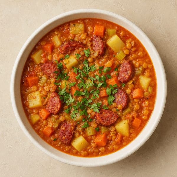 Zupa z czerwonej soczewicy z kiełbasą chorizo