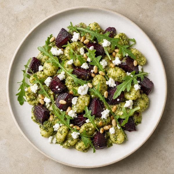 Gnocchi z pesto bazyliowym, burakiem i serem kozim