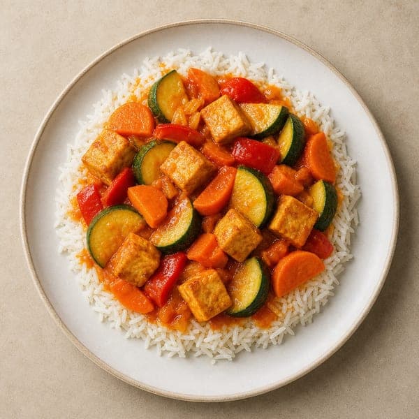Tofu pieczone z warzywami w sosie pomarańczowym i ryżem