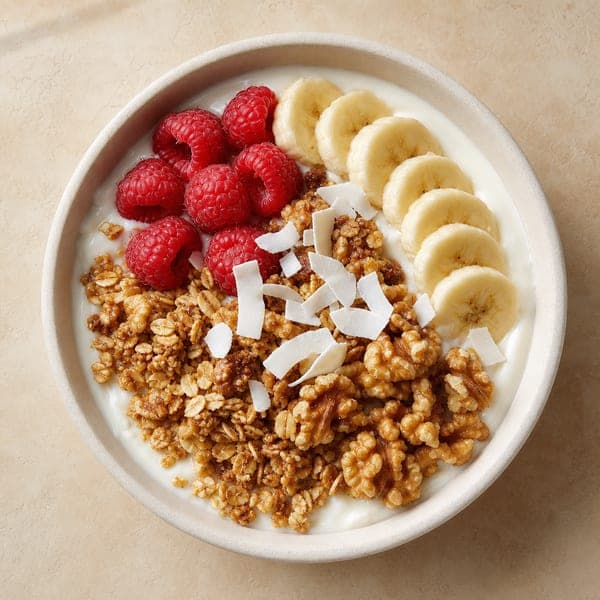 Roślinny jogurt z domową granolą, malinami i bananem