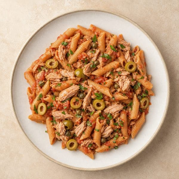 Penne z tuńczykiem, oliwkami i kaparami w sosie pomidorowym