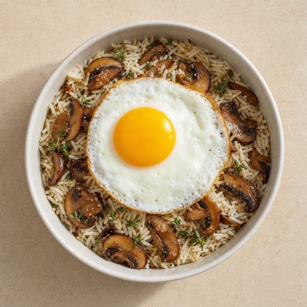 Ryż basmati z pieczarkami w sosie sojowym i tymiankiem oraz jajkiem na oko