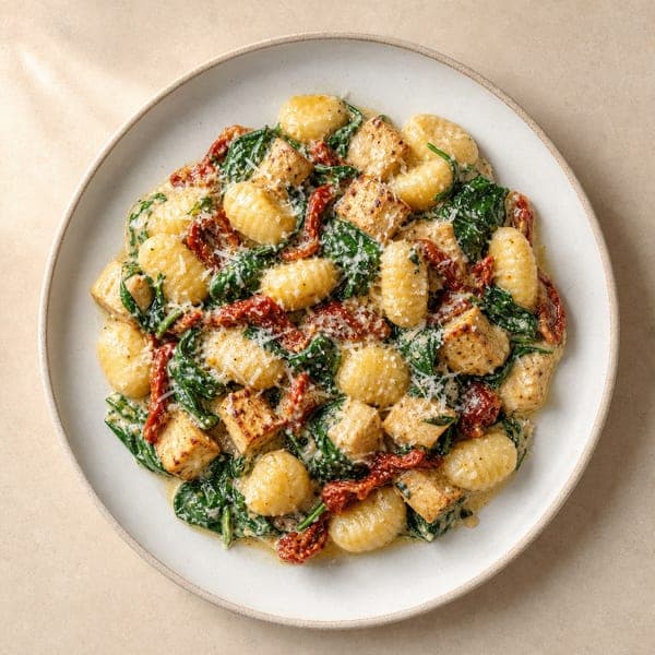 Kluseczki gnocchi z tofu wędzonym, szpinakiem i suszonymi pomidorami