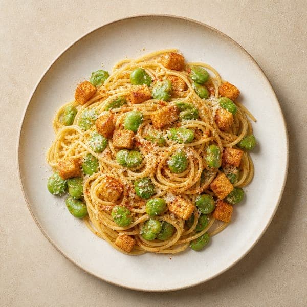 Spaghetti z bobem, skwarkami z tofu i parmezanem