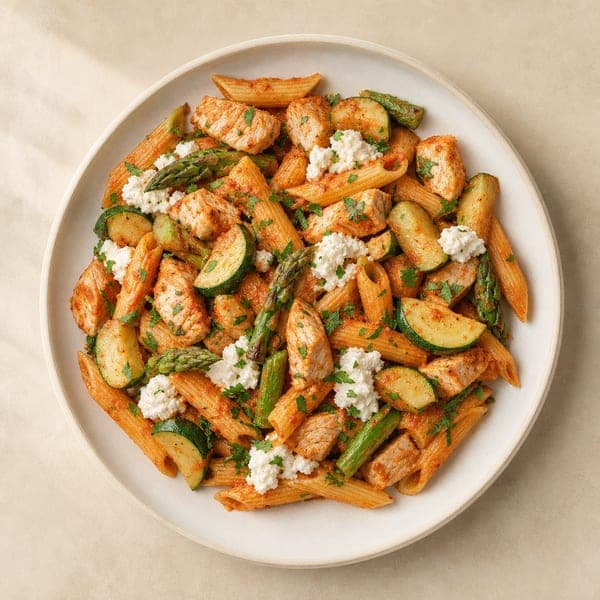 Makaron penne z kurczakiem, ricottą i pesto