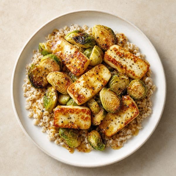 Brukselka smażona z halloumi, kaszą pęczak i sosem klonowo-musztardowym