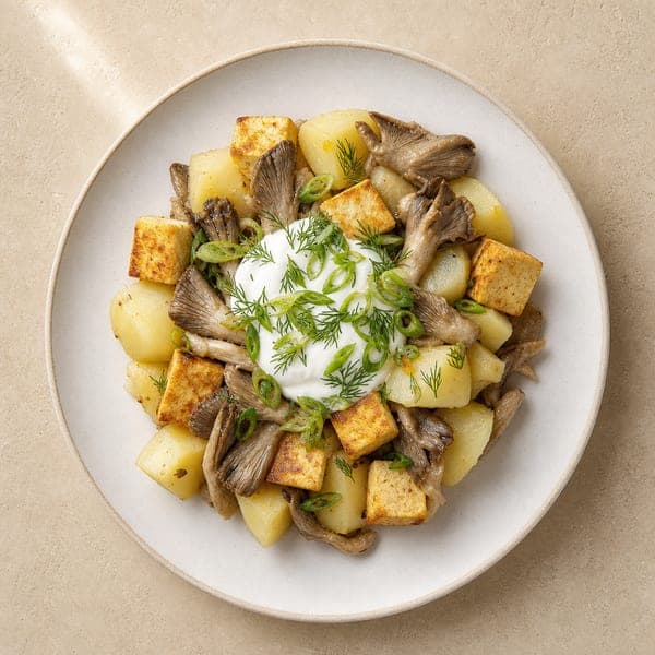 Ziemniaki podawane z tofu i boczniakmi