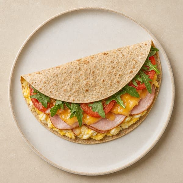 Ciepła tortilla z jajkiem, wędliną i żółtym serem
