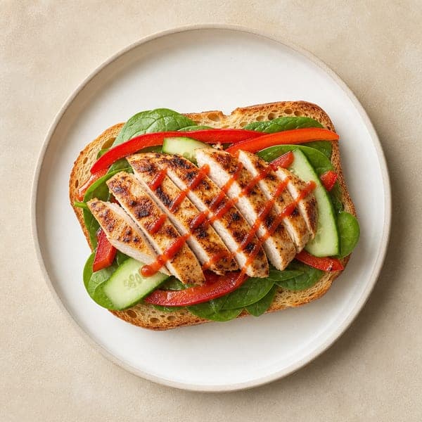 Grillowana pierś z kurczaka z sosem sriracha, ogórkiem, papryką i pieczywem