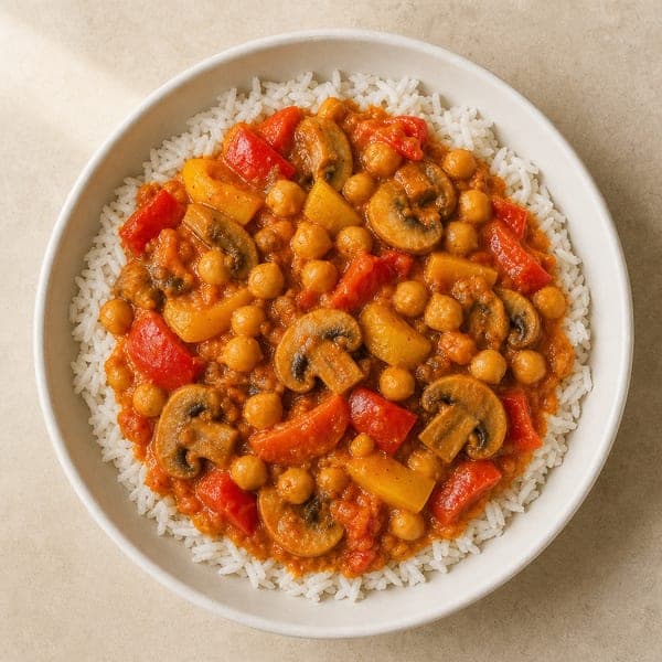 Wegańskie curry z ciecierzycy z ryżem, papryką i pieczarkami