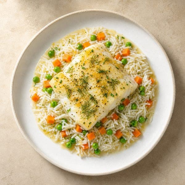 Ryż basmati z pieczonym dorszem i warzywami w sosie