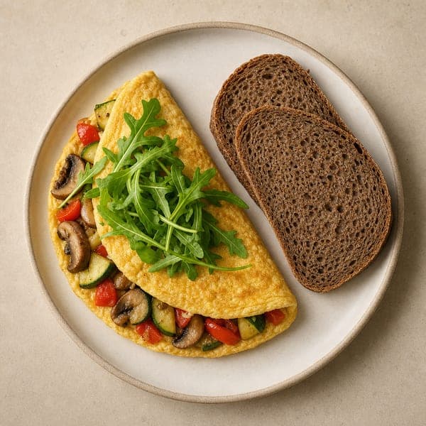 Jajeczny omlet z cukinią, papryką, rukolą i pieczarkami
