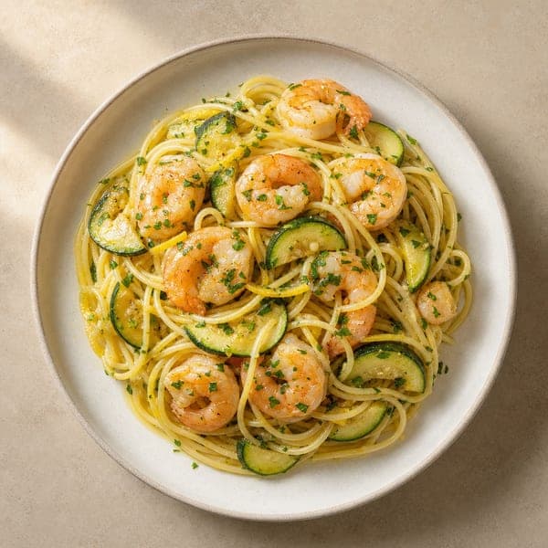 Makaron spaghetti z krewetkami, cukinią i cytryną