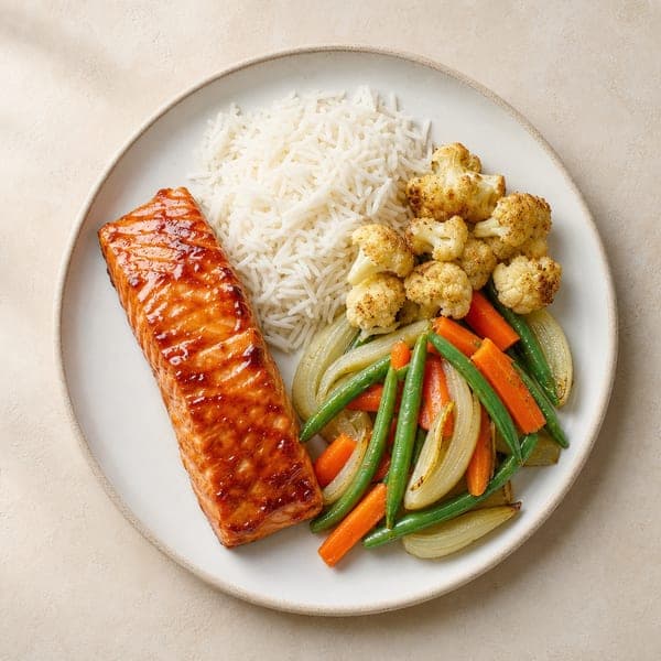 Łosoś teriyaki z pieca z warzywami i ryżem