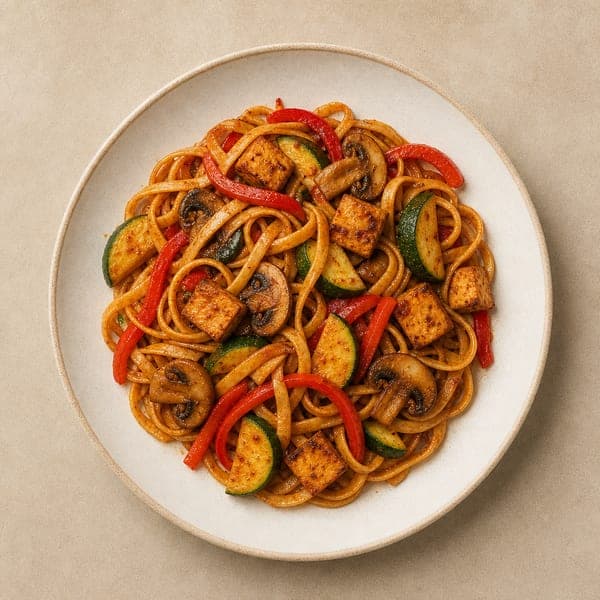 Makaron z pieczarkami, cukinią i wędzonym tofu