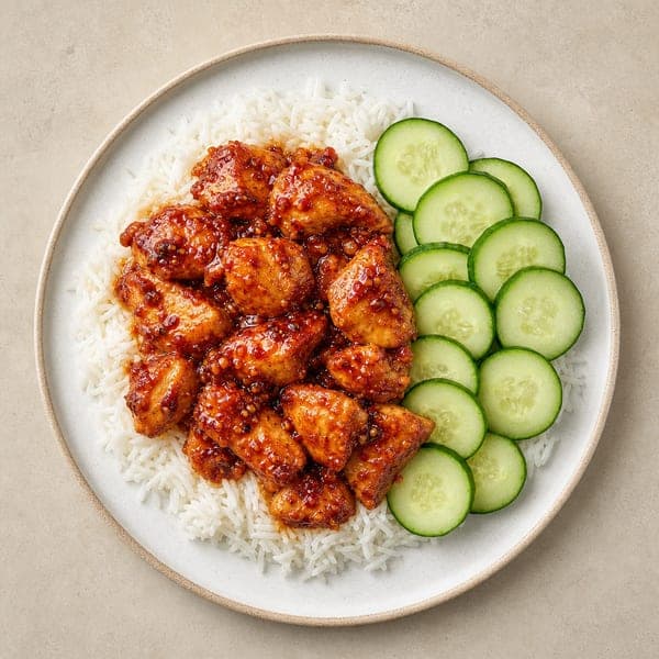 Pikantny kurczak w sosie gochujang z ogórkiem i ryżem