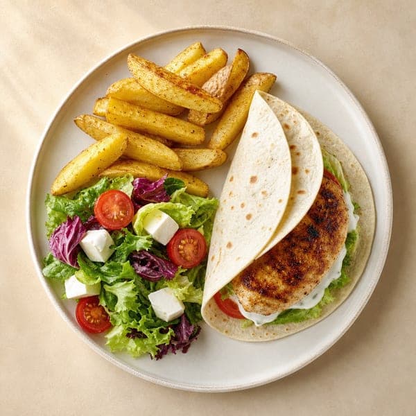 Tortilla z pieczonymi frytkami, domowym burgerem drobiowym i sałatką