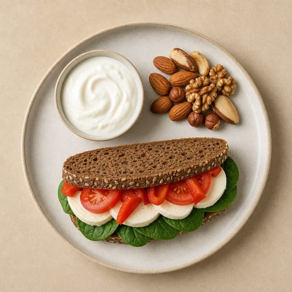 Lunchbox: Kanapka z mozzarellą i warzywami, jogurt i orzechy