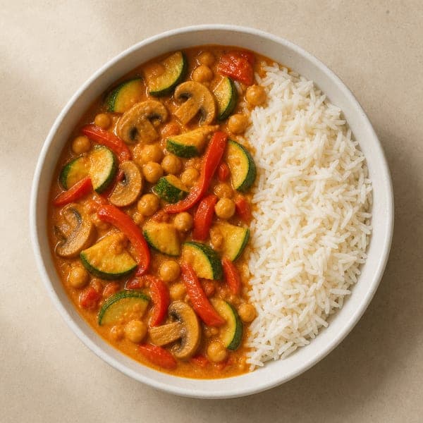 Orientalne czerwone curry z warzywami i ryżem