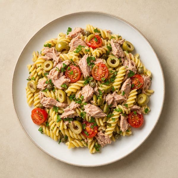 Fusilli z tuńczykiem, oliwkami, kaparami i pomidorkami