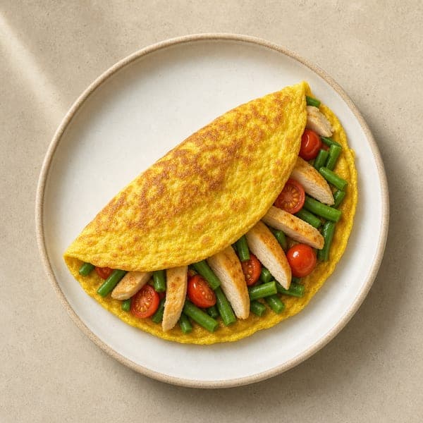 Omlet z mąki ciecierzycowej z kurczakiem, fasolką szparagową i pomidorkami