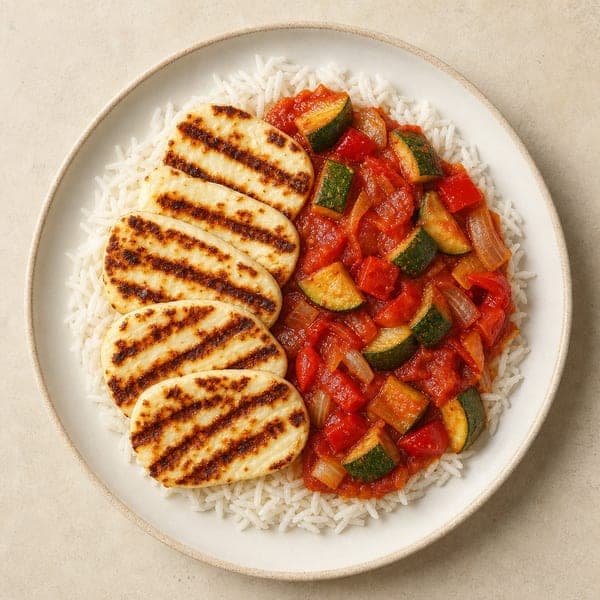 Grillowany halloumi z ryżem i sosem warzywnym