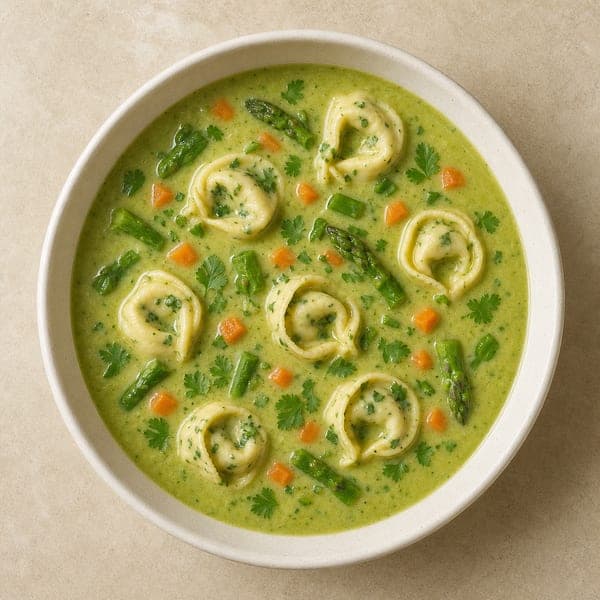 Kremowa zupa szparagowa podana z tortellini