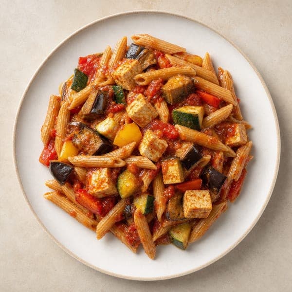 Pełnoziarnisty makaron z tofu i warzywami w aromatycznym sosie pomidorowym