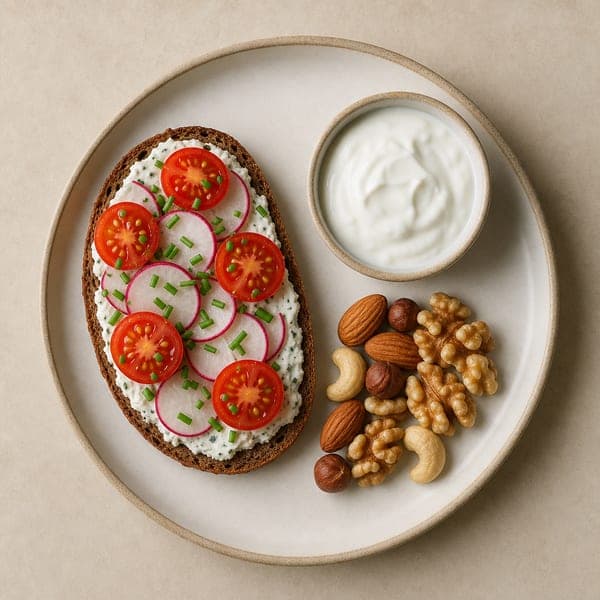 Lunchbox: kanapki z twarożkiem ziołowym, jogurt i orzechy