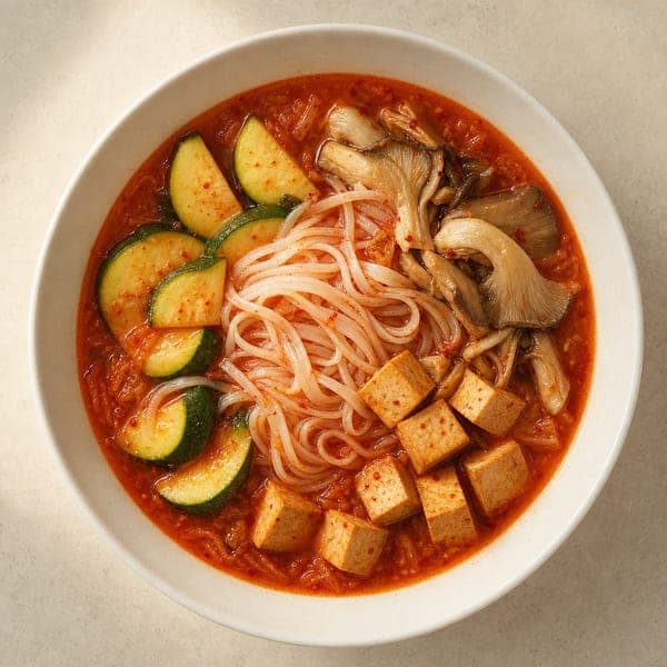 Ostra zupa kimchi z cukinią i boczniakami