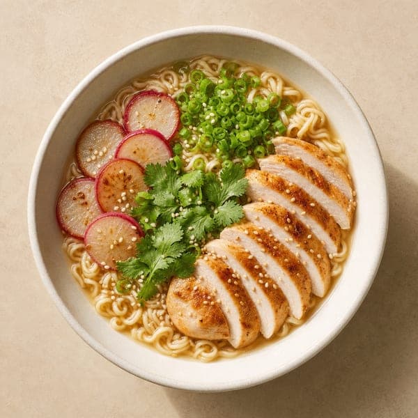 Makaron ramen z kurczakiem i smażonymi rzodkiewkami