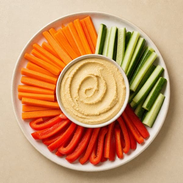 Hummus ze słupkami marchewki, ogórka i papryki
