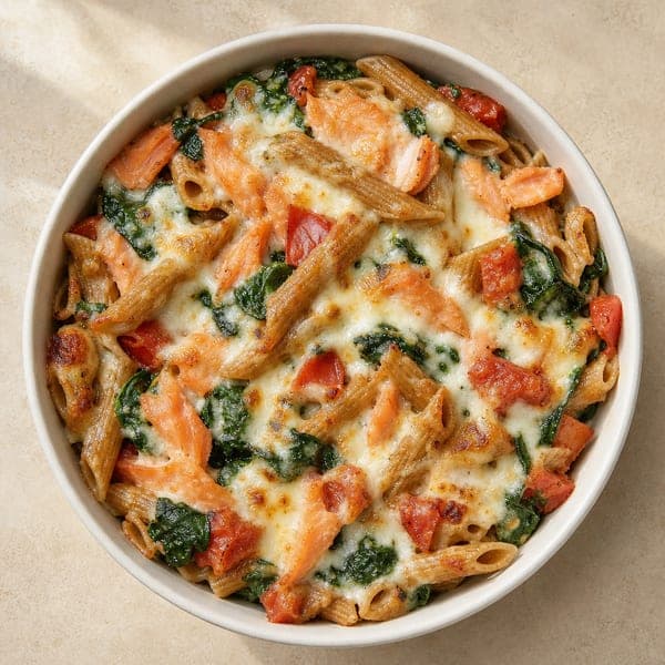 Makaron ze szpinakiem i wędzonym łososiem zapiekany w piekarniku