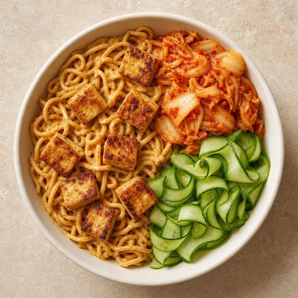 Makaron z kremowym sosem orzechowym, tofu, kimchi i ogórkiem