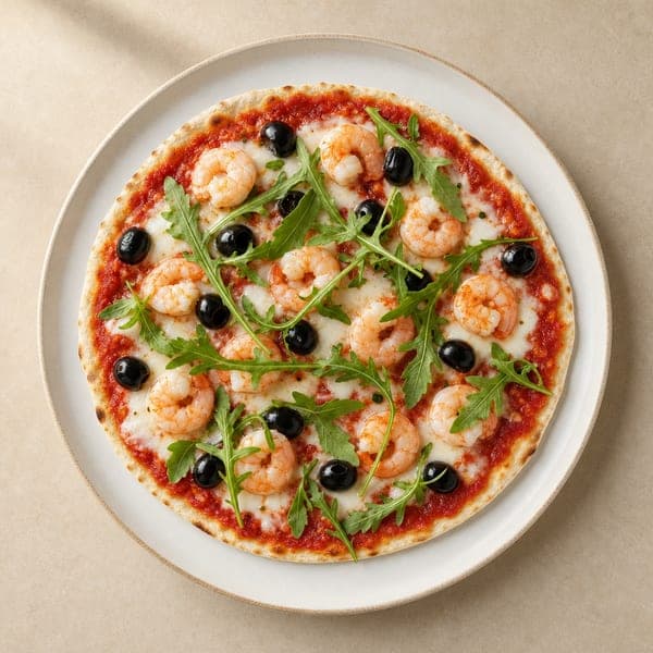 Pizza z krewetkami na spodzie piadina