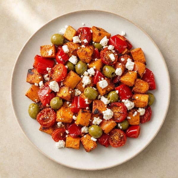 Pieczone bataty z warzywami i serem feta