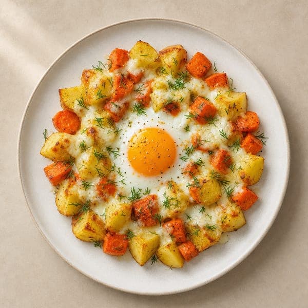 Pieczone ziemniaki z marchewką i rozpływającą się mozzarellą