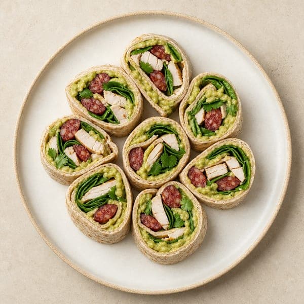 Roladki z tortilli pełnoziarnistej z guacamole i kabanosami