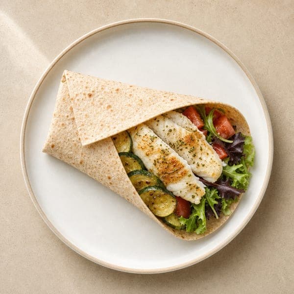 Wrap z pieczoną rybą i duszoną cukinią