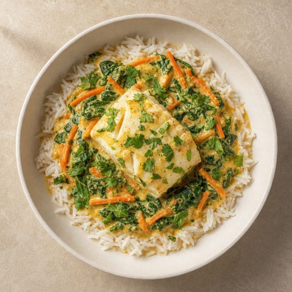 Aromatyczne curry z dorszem i świeżym szpinakiem