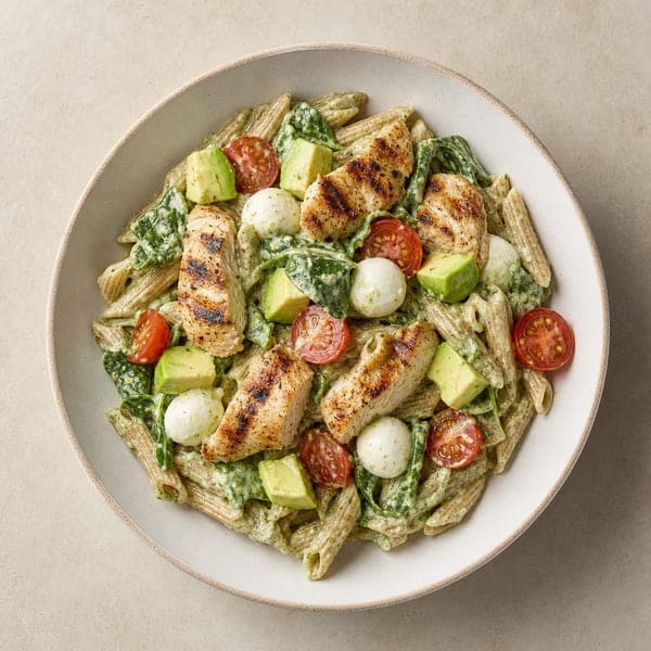 Sałatka Caprese z makaronem, kurczakiem i pesto jogurtowym