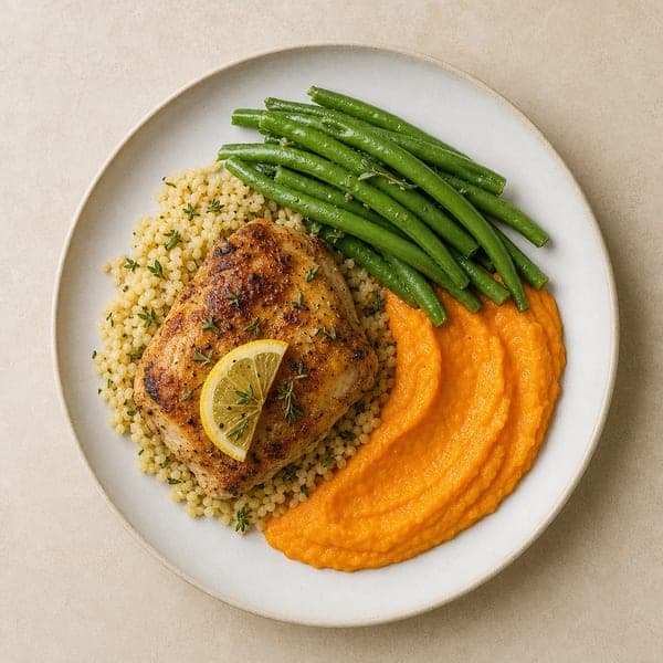 Pieczone udko z kurczaka z kaszą bulgur i marchewkowym puree pomarańczowym