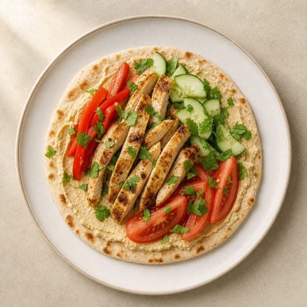 Placki naleśnikowe z pastą hummus i grillowanym kurczakiem