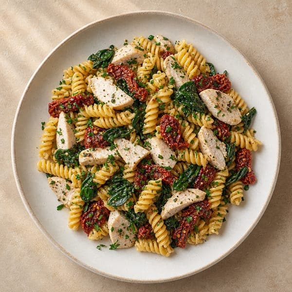 Fusilli z piersia indyka, suszonymi pomidorami i szpinakiem
