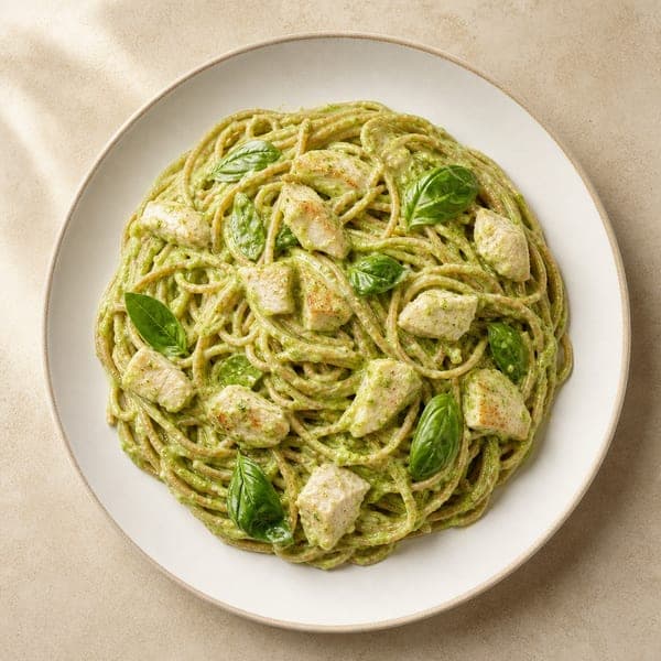 Spaghetti pełnoziarniste z kurczakiem w zielonym sosie awokado