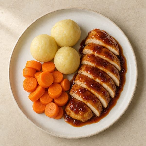 Pieczona pierś z kurczaka w słodkim sosie śliwkowym z kopytkami