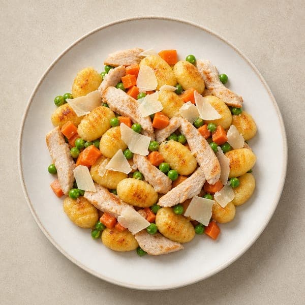 Gnocchi z piersią indyka, marchewką, groszkiem i serem grana padano